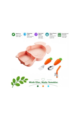 Pembe Vakumlu Silikon Mama Tabağı, Silikon Saplı Metal Uçlu Çatal Ve Kaşık Tavşan Figürlü