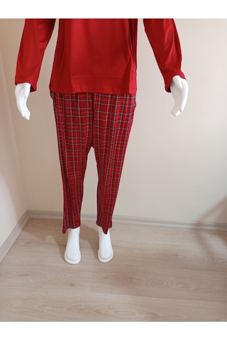 Kırmızı Önü Yazılı Altı Ekose Pijama Takımı Dowry