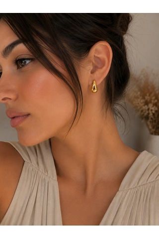 Gold Yarım Damla Formlu Çelik Küpe Minimal Vintage Tasarım Altın