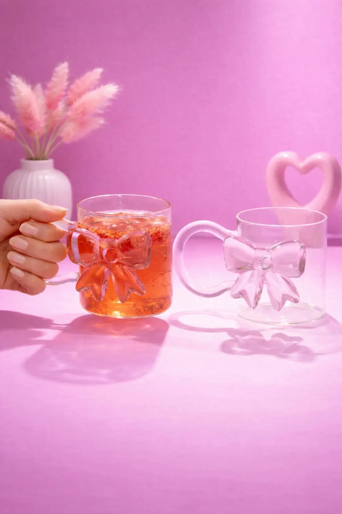 Pembe Fiyonk Kurdele Cam Kulplu Meşrubat Çay Kahve Bardağı Bardak Kupa 350ml Şeffaf