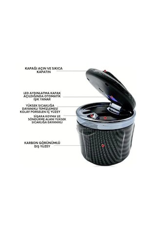 Üniversal Porselen Yanmaz Koku Geçirmez Mavi Işıklı Lüx Oto Küllük Dumansız Kapaklı Siyah Renk