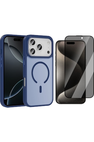 Vendas Apple Uyumlu iPhone 17 Pro Kılıf M-safe Şarj Özellikli Mat Arka Yüzey Zore Sio Kapak + Hayalet Ekran Koruyucu Lacivert