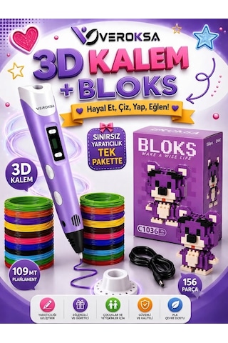 3d Kalem + 156 Parça Bloks Seti Mor Hayal Gücünü Gerçeğe Dönüştür Piksel Ayıcık