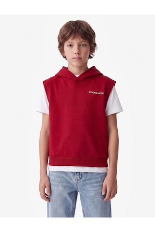 Koton Üç İplik Baskılı Oversize Kapşonlu Kolsuz Sweatshirt Kırmızı 7wkb30005tk