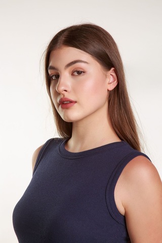 Kadın Lacivert Fitilli Likralı Sıfır Kol Bisiklet Yaka Örme Atlet Tshirt Bluz Lacivert