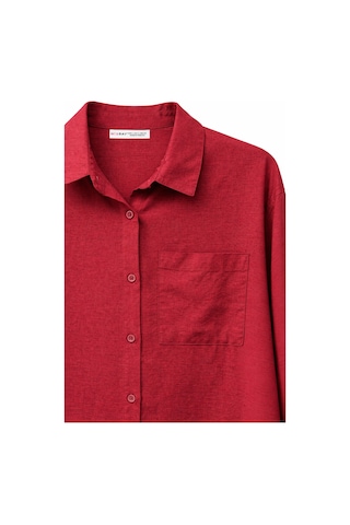 Mixray 4670 Kadın Cepli Oversize Basic Keten Gömlek Bordo