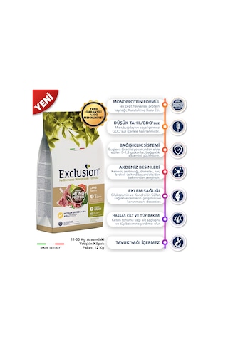 Exclusion Monoprotein Düşük Tahıllı Kuzu Etli ve Narlı Orta Irk Yetişkin Köpek Maması 12 KG