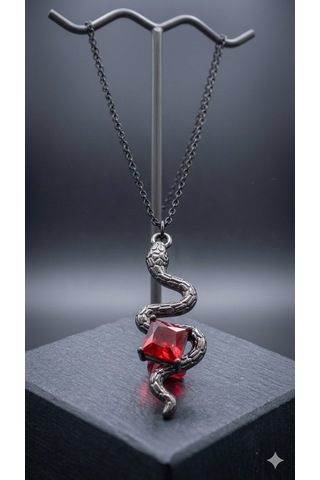 Gotik Stil Ruby Taşlı Yılan Figürlü Zincir Kolye Açık Sarı