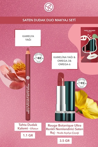 Yves Rocher Saten Dudak Duo Makyaj Seti-dudak Kalemi -eflatun & Saten Ruj -nude Açelya Çiçeği