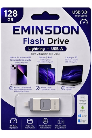 128gb Flash Bellek Iphone 5-14 Modeller Arası İos Uyumlu Bilgisayarla Uyumlu Lightning Usb Otg 128 GB