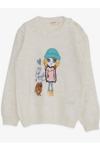 Kız Çocuk Pul Süslemeli Triko Bisiklet Kazak-15193 Krem