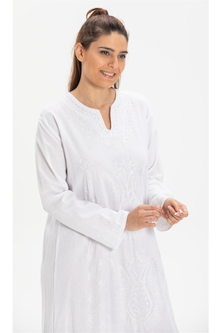 Eliş Şile Bezi Uzun Kol Şile Bezi Simli Kaftan Midi Boy Elbise Beyaz