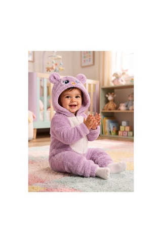 Chicsy Baby Tatlı Kız Bebek Welsoft Tulum Kuş Civciv Nakışlı Kulaklı Kapüşonlu Fermuarlı Peluş Kışlık Bebek Tulumu Lila
