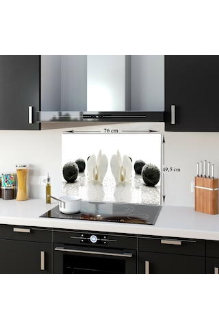 Decorıta Cam Ocak Arkası Koruyucu | Beyaz Orkide Siyah Oniks