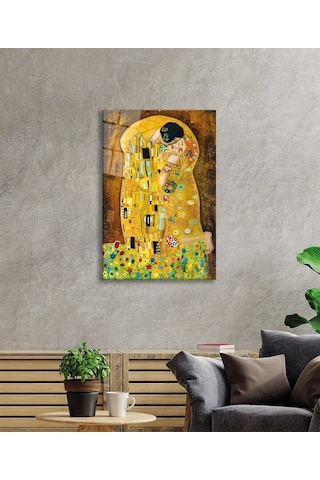 Gustav Klimt Öpücük Cam Tablo Evlika, Ev Ve Ofis Duvar Dekoru, Hediyelik Büyük Temperli 4 Mm Cam Tablo Evlika