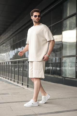 Madmext Taş Rengi Bisiklet Yaka Oversize Erkek Şort T-shirt Takım E7355 Taş Rengi