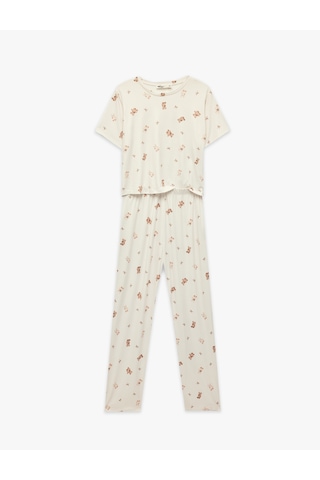 Koton Rahat Kalıp Bisiklet Yaka Kısa Kollu Baskılı Pijama Takımı Bej Desenli 7wlk40109mk