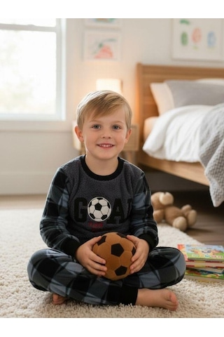 Zekids Erkek Çocuk Goal Baskılı Polar Pijama Takımı-16816 Füme