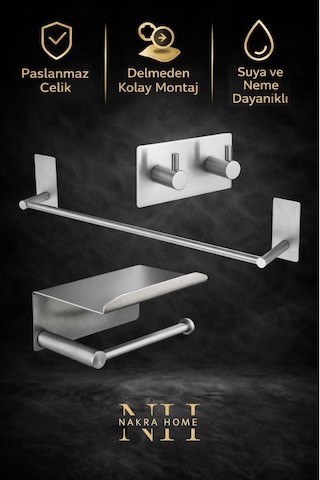 3'lü Set Paslanmaz Çelik Yapışkanlı Havlu Askısı Ve Tuvalet Kağıtlığı Neme Dayanıklı Havluluk Krom