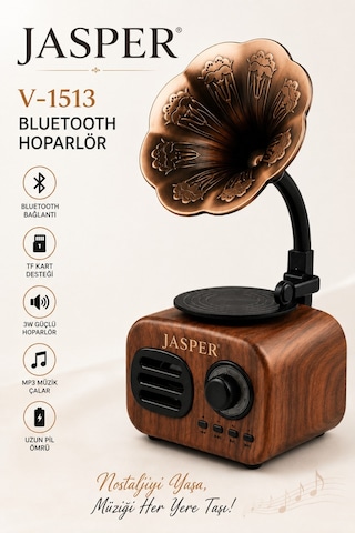 Jasper Jpr-1513 Nostalji Gramofon Bluetooth Hoparlör Kablosuz Taşınabilir Ses Tasarımlı Bombası Extra Bass