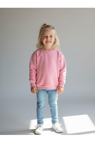 Kız Çocuk Pamuklu Taşlı Sweatshirt-16747 Pembe