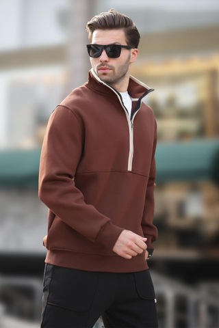 Madmext Acı Kahverengi Dik Yaka Yarım Fermuarlı Sweatshirt 7079 Acı Kahverengi