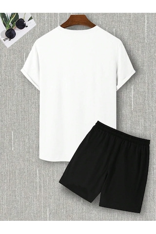 Unisex Tokio Baskılı Bisiklet Yaka Beyaz T-shirt Gri Şort Beyaz