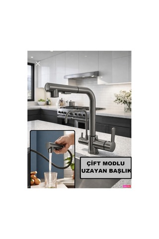 Rena Design Antrasit Aritmali Spiralli 2 Modlu Başlik L Boru Mutfak Evye Bataryasi Prinç Armatür Musluk