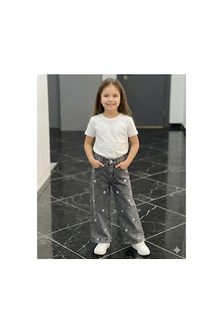 Erdem Kıds Kız Çocuk Jean Pantolon Palazzo Geniş Bol Paça Yıldız Nakışlı Kot Pantolon Gri Gri