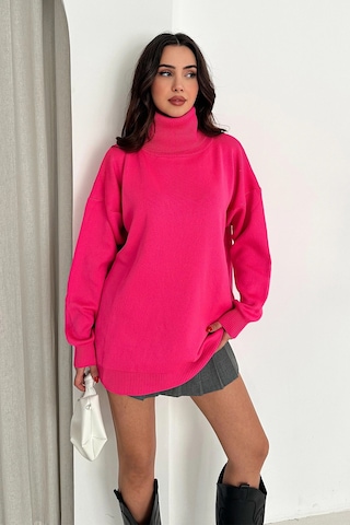 Asprin Fashion Degaje Yaka Triko Bluz Beyaz Pembe + Hediye Kolye Pembe