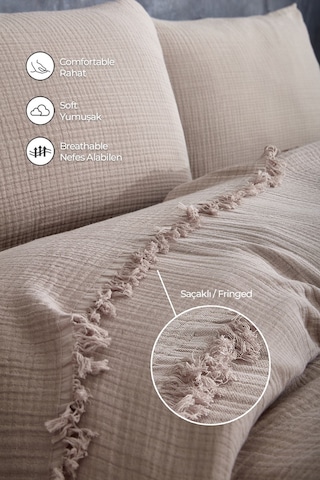 %100 Pamuk Çift Kişilik Müslin Yatak Örtüsü 4 Katlı Yumuşak Battaniye Müslin Pike Takımı 3 Parça Cappuccino Cappucino