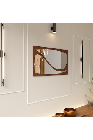 Minimal Ayna Pleksili Ahşap Duvar Dekoru Kahverengi