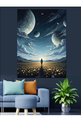 Uzayda Yol Alan Küçük Astronot Dekoratif Kanvas - Mdf Ahşap Tablo