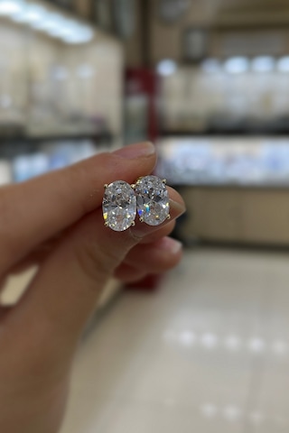 Gümüş Oval 12x8 Mm 4,5 Carat Altın Kaplama Tektaş Küpe Sarı