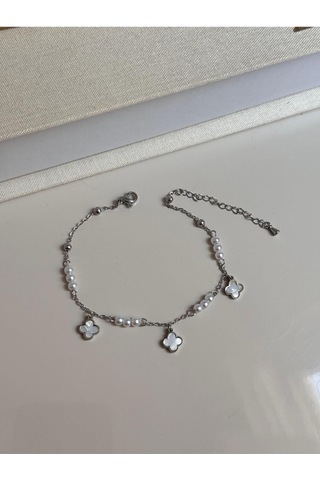 İnci Boncuklu Beyaz Çiçek Figürlü Gümüş Renk Kadın Halhal Gümüş