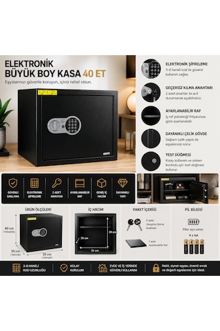 Elektronik Büyük Boy Kasa 40 Et Çelik Şifreli Kasa 40x35x35 Cm 2 Anahtar 4 Çelik Dübel