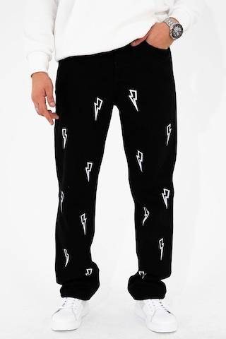 HLT Jeans Erkek Şimşek Baskılı Baggy Fit Likrasız Rahat Kesim %100 Pamuk Loose Jean Kot Pantolon Mcqueen 001