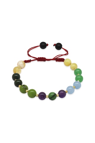 Makrome Örgülü Küre Kesim Dorika Top Süslemeli Çoklu Doğaltaş Kombinli Kadın Şifa Bilekliği Çok Renkli