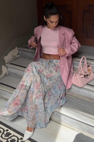 Madmext Ekru Çiçek Desenli Vintage Şifon Maxi Etek Mg2776