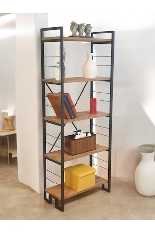 Ahşap Raflı Metal Kitaplık 5 Raflı Dolap Matkapsız Kolay Kurulum