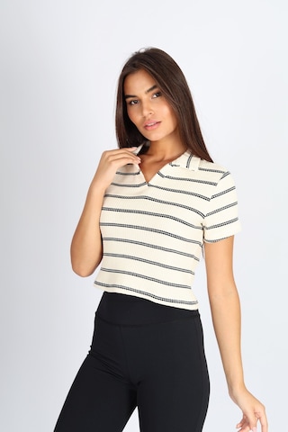 Soft&Basic Polo Yaka Raporlu Ekru Jakar Crop Fit T-shirt Ekru