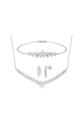 Bilezikci Modern Tasarım 14 Ayar Beyaz Altın Hanımeli Set Stpj34133