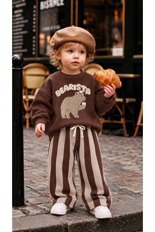 Bearista Ayı Baskılı Sweatshirt Çizgili Eşofman 3ip Alt Üst İkili Takım Kahverengi
