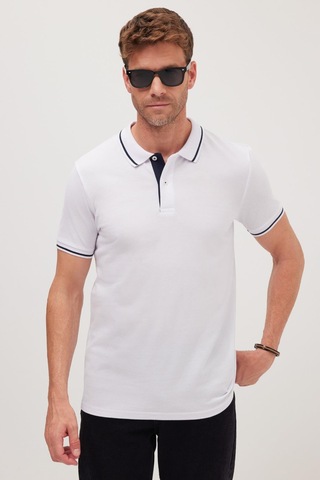 Tudors Erkek Slim Fit Dar Kesim %100 Pamuk Yumuşak Dokulu Serin Tutan Kumaş Düz Pike Beyaz Polo Yaka Tişört-42245 Beyaz