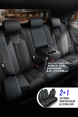 Füme - Siyah Panda Carlone Serisi Ful Deri Oto Koltuk Kılıfı - Tam Set