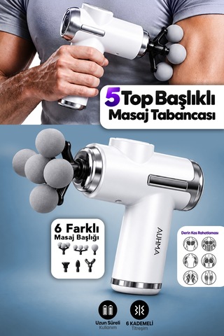 6 Başlıklı Masaj Tabancası - Sporcu Egzersiz Titreşimli Omuz Bacak Baldır Rahatlatıcı Masaj Aleti Beyaz