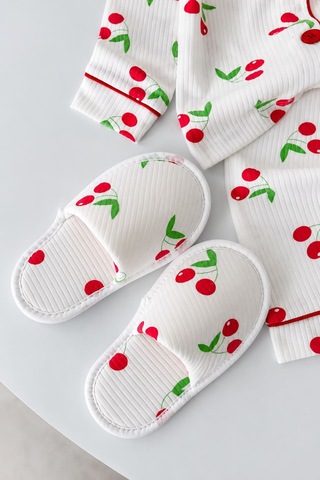 Minigimin Cicileri Kiraz Baskılı Terlikli Kız Çocuk 3 Lü Pijama Takımı - Beyaz