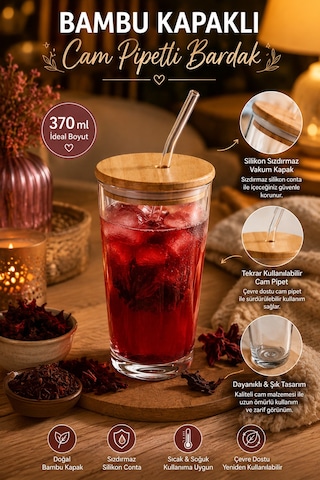 Porsima 12474 Vanes Bambu Kapaklı Cam Pipetli Bardak 370 Ml Sızdırmaz Silikon Contalı Sıcak & Soğuk İçecek Bardağı Çok renkli