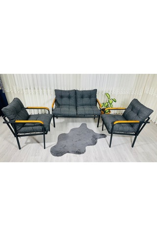 Madame Home Kalanşo Balkon, Bahçe,teras,cafe - Salon - Metal Kanepe Koltuk Takımı Çay Seti 2+1+1 Antrasit