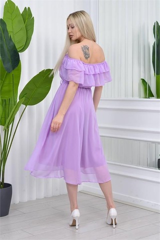 Neşeli Butik Kadın Carmen Yaka Astarlı Şifon Elbise Ry8060 - Lila Lila